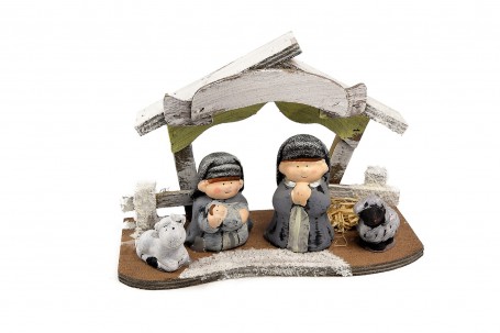 Crèche en bois blanchi avec santons 21 cm decofestive.fr 5397