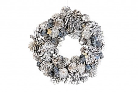 Couronne de l'avent blanchie, pommes de pins, baies et feuilles 34 cm decofestive.fr 5423-bl