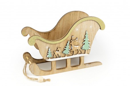 Traineau en bois décoré sapins 23,5 cm decofestive.fr 6727-nt